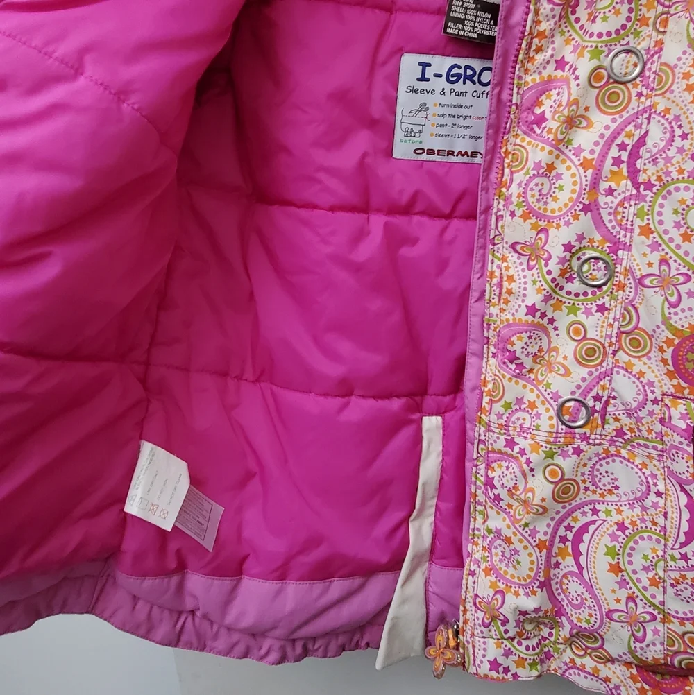 Obermeyer Pink Floral Paisley Ski Winter Jacket Hood Pockets Size 8 Girls